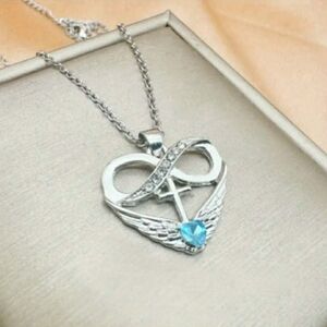 Silver Heart Infinity Wing Pendant Necklace with Blue Crystal